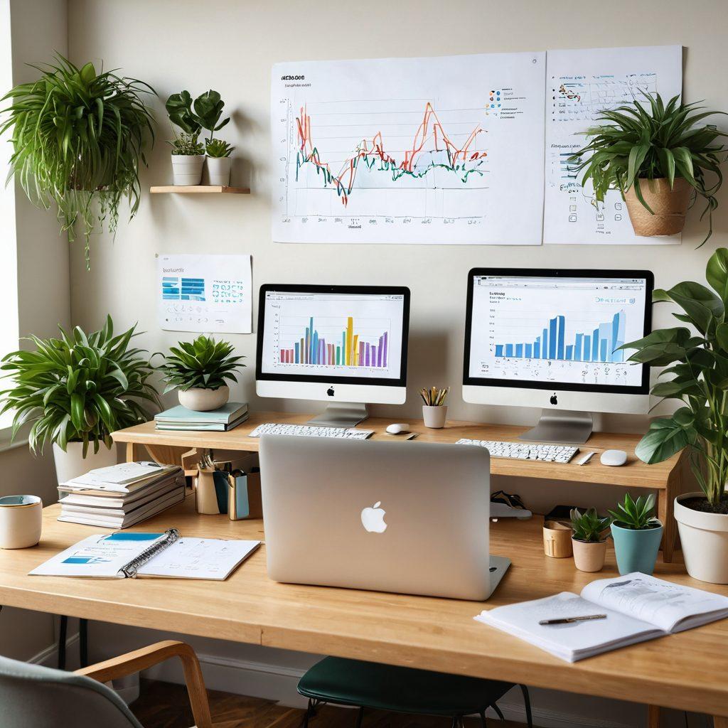 A serene home office setup with a person comfortably managing their finances on a laptop, displaying graphs of financial growth and well-being. Incorporate elements representing remote banking services, like floating digital bank cards and currency symbols, with a backdrop of plants and cozy decor suggesting comfort and security. The atmosphere should radiate positivity and wellness. super-realistic. vibrant colors. 3D.