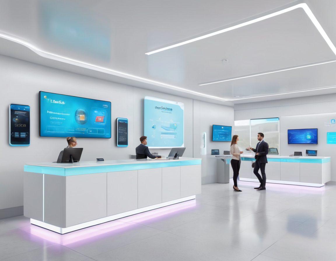 A futuristic bank interior with digital interfaces showcasing e-banking, holographic displays, and virtual reality elements. Happy customers interacting with technology, blending finance and modern convenience. Incorporate elements like smart gadgets and a welcoming atmosphere to symbolize transformation in customer experience. Include vibrant colors and a sleek, modern design. super-realistic. vibrant colors. white background.