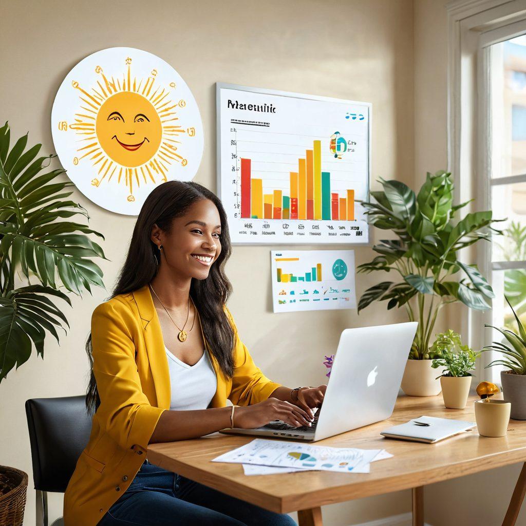 A happy person enjoying a virtual banking experience on their laptop, surrounded by symbols of wealth and financial wellness like positive graphs, coins, and a cheerful sun. The background features a serene home office with plants and bright colors, symbolizing peace and satisfaction. Create an inviting atmosphere with soft lighting to evoke a sense of comfort and joy. super-realistic. vibrant colors. warm background.